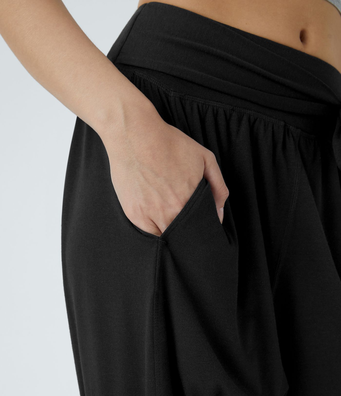 Mid Rise Tie Pockets Casual Harem Pants