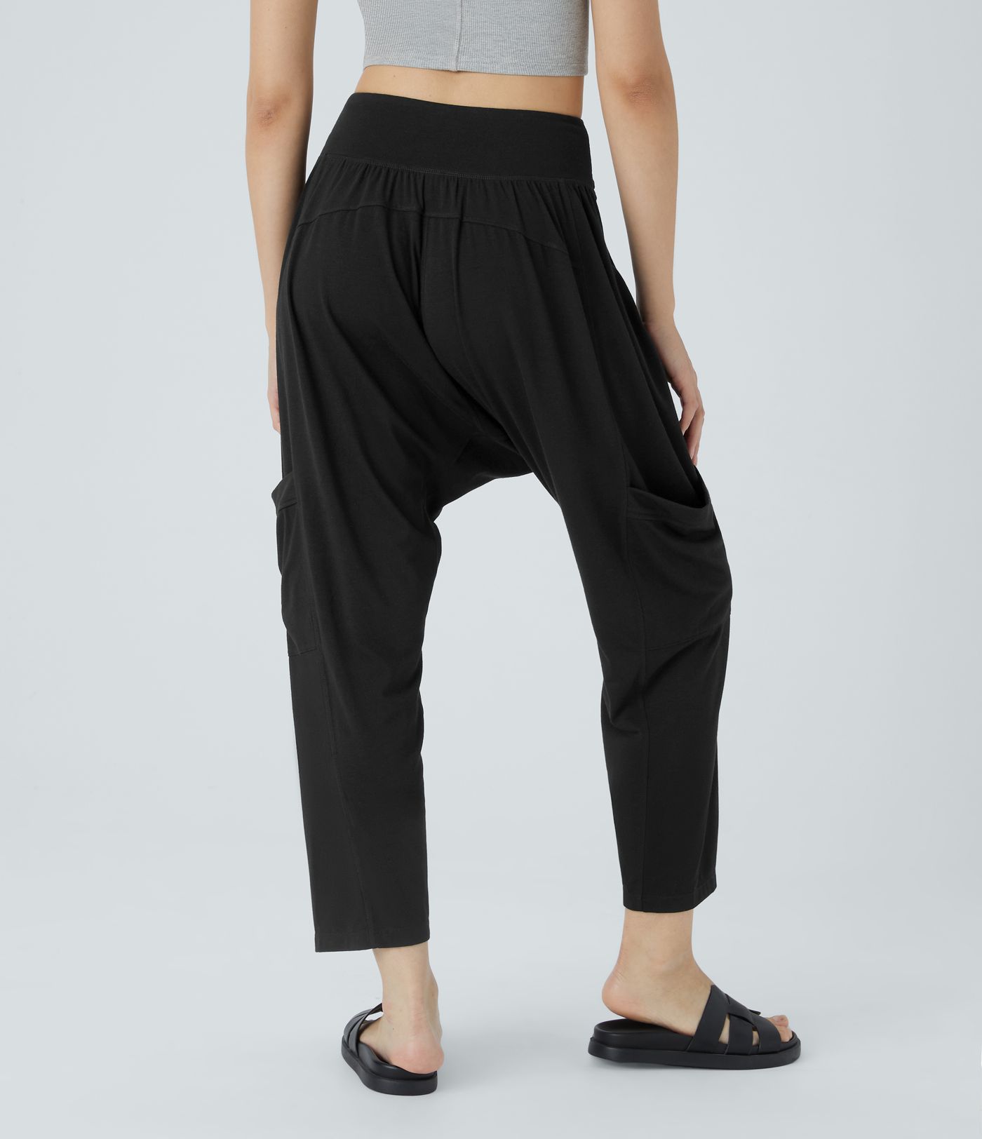 Mid Rise Tie Pockets Casual Harem Pants