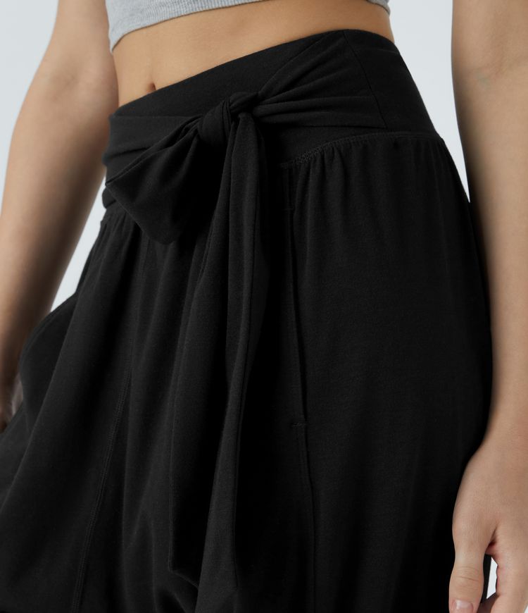 Mid Rise Tie Pockets Casual Harem Pants