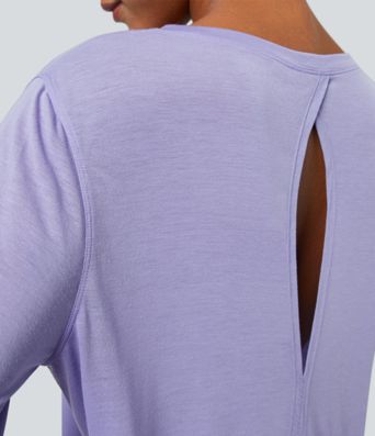 Round Neck Long Sleeve Cutout Split Tie Back Yoga Sports Top