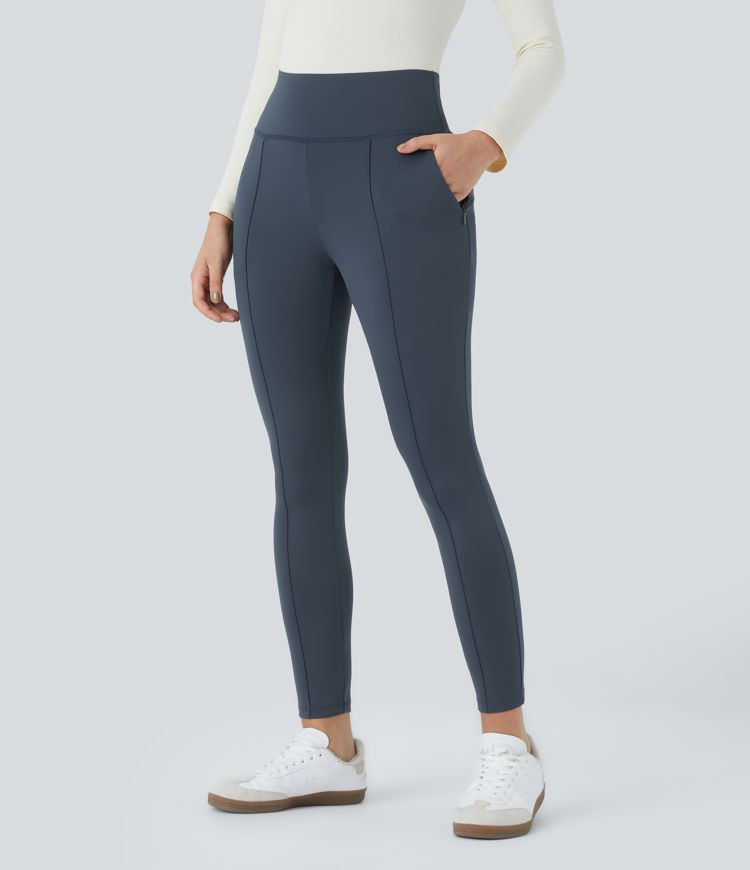 High Waisted Side Zipper Pocket Slim Ankle Length Casual Trousers