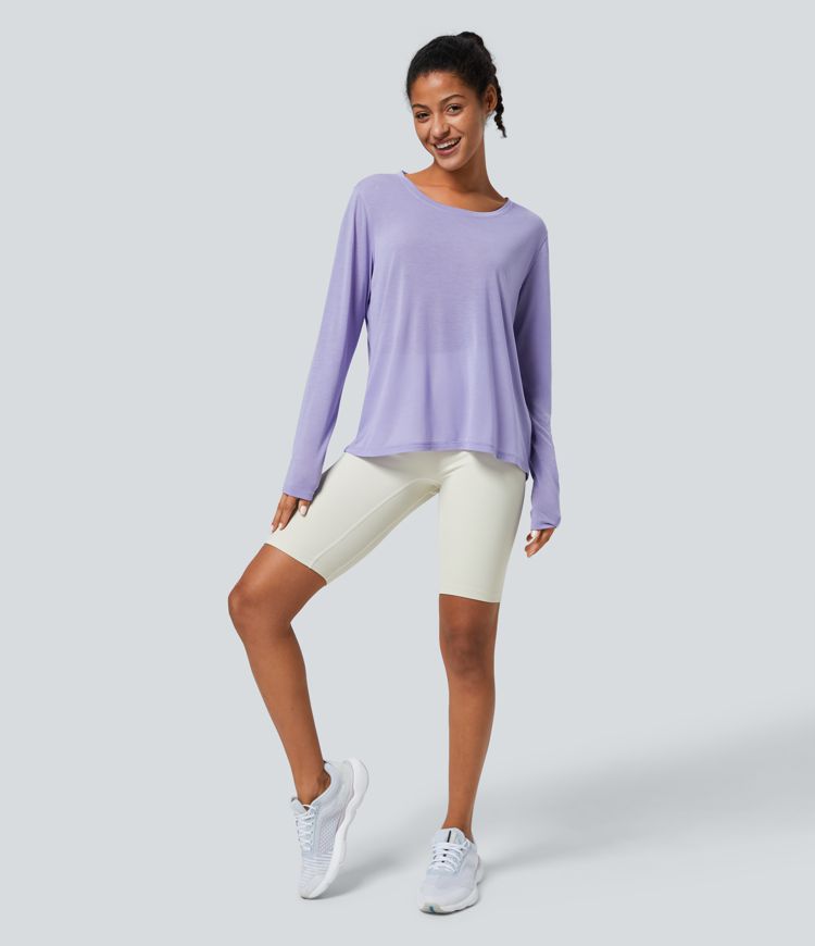 Round Neck Long Sleeve Cutout Split Tie Back Yoga Sports Top