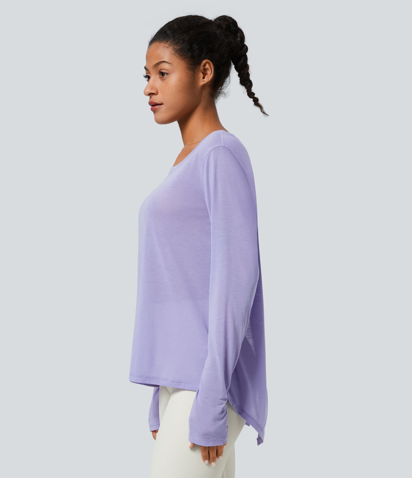 Round Neck Long Sleeve Cutout Split Tie Back Yoga Sports Top