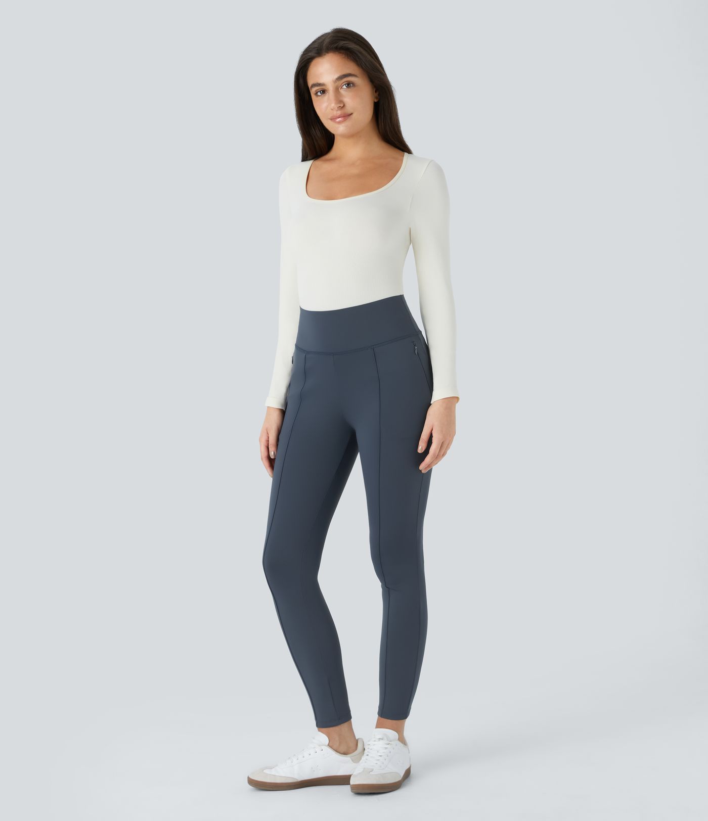 High Waisted Side Zipper Pocket Slim Ankle Length Casual Trousers