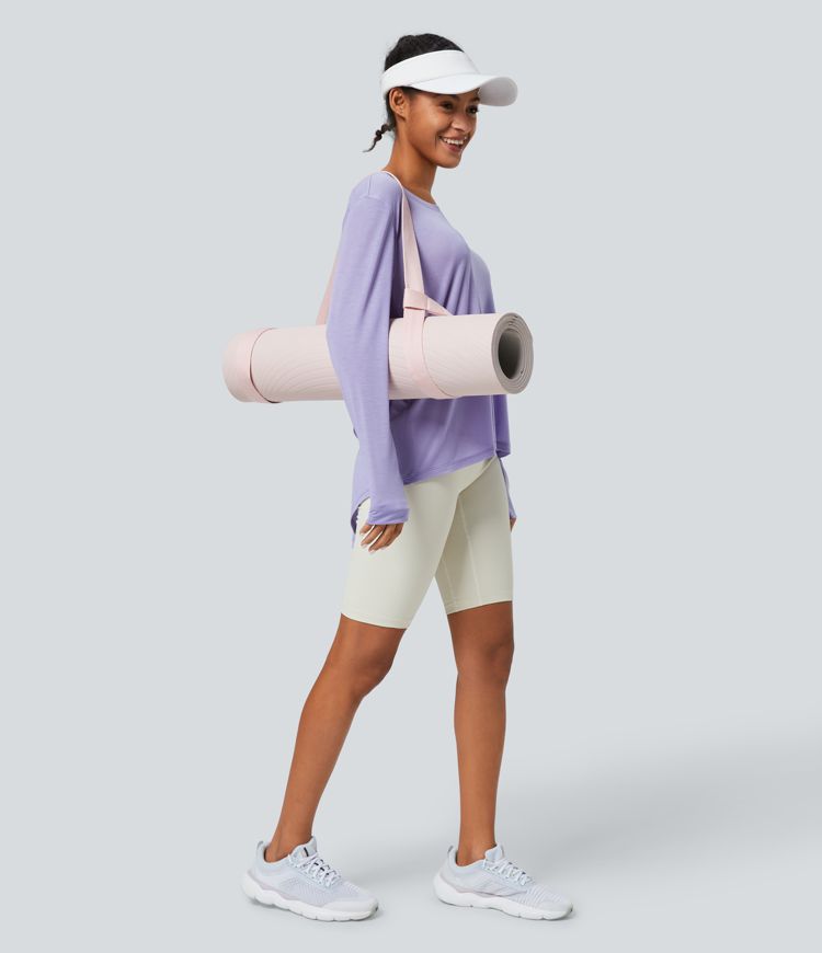 Round Neck Long Sleeve Cutout Split Tie Back Yoga Sports Top