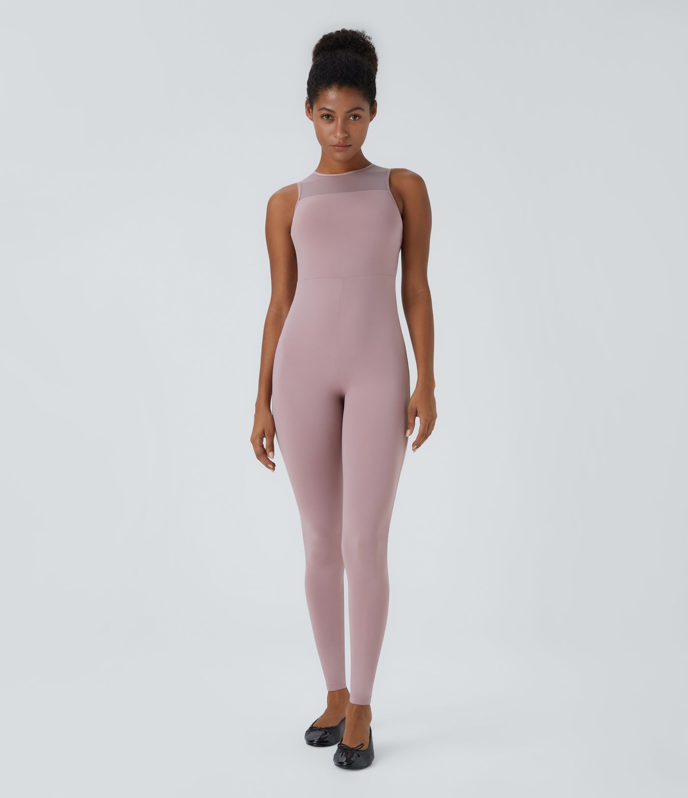 Round Neck Sleeveless Contrast Mesh Dance Jumpsuit