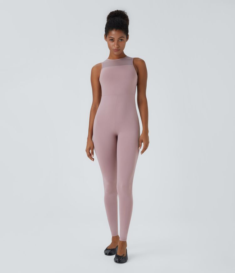 Round Neck Sleeveless Contrast Mesh Dance Jumpsuit