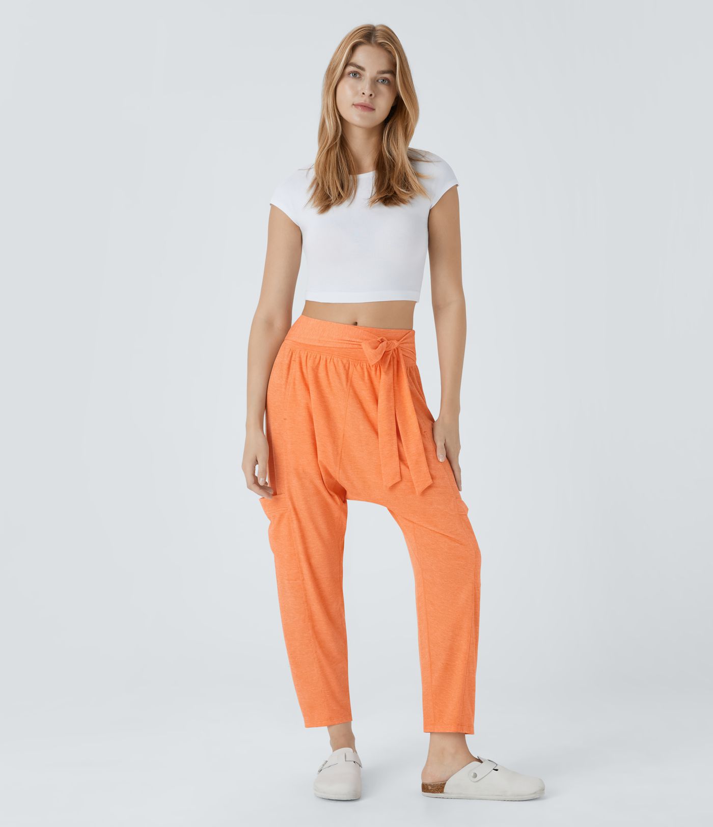 Mid Rise Tie Pockets Casual Harem Pants