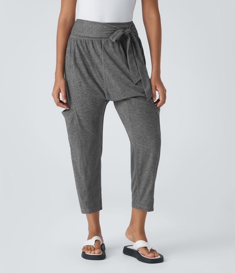 Pantalon Harem Casuak à Taille Mi-Haute avec Liens sur le Côté et Multiples Poches