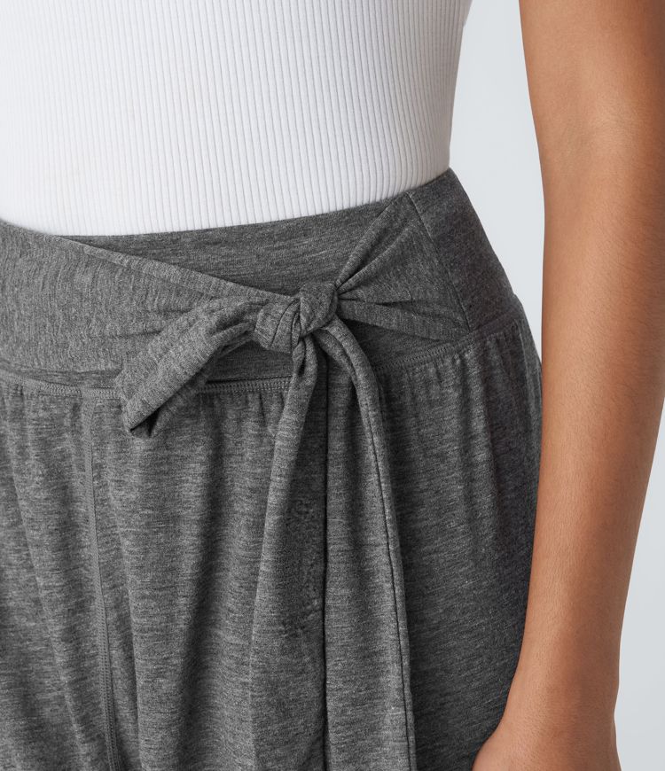 Pantalon Harem Casuak à Taille Mi-Haute avec Liens sur le Côté et Multiples Poches