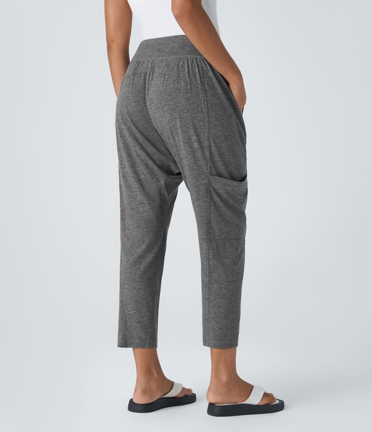 Pantalon Harem Casuak à Taille Mi-Haute avec Liens sur le Côté et Multiples Poches