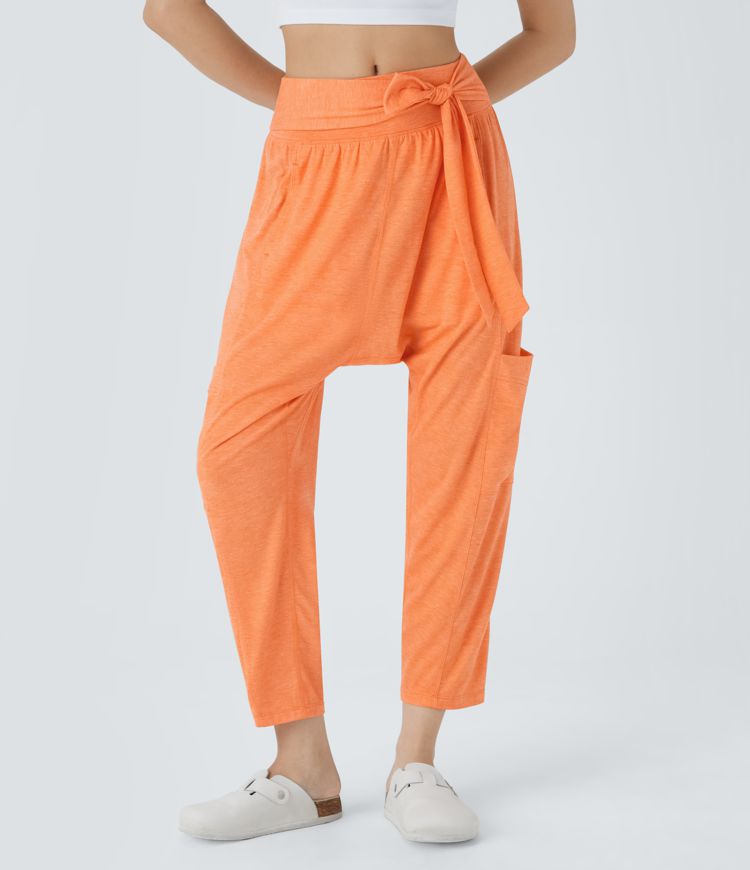 Mid Rise Tie Pockets Casual Harem Pants