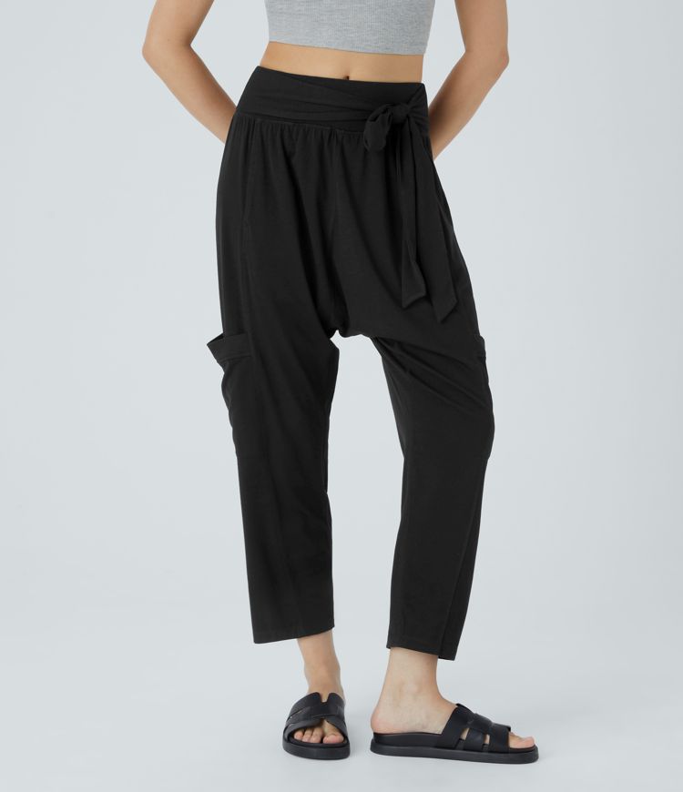 Mid Rise Tie Pockets Casual Harem Pants