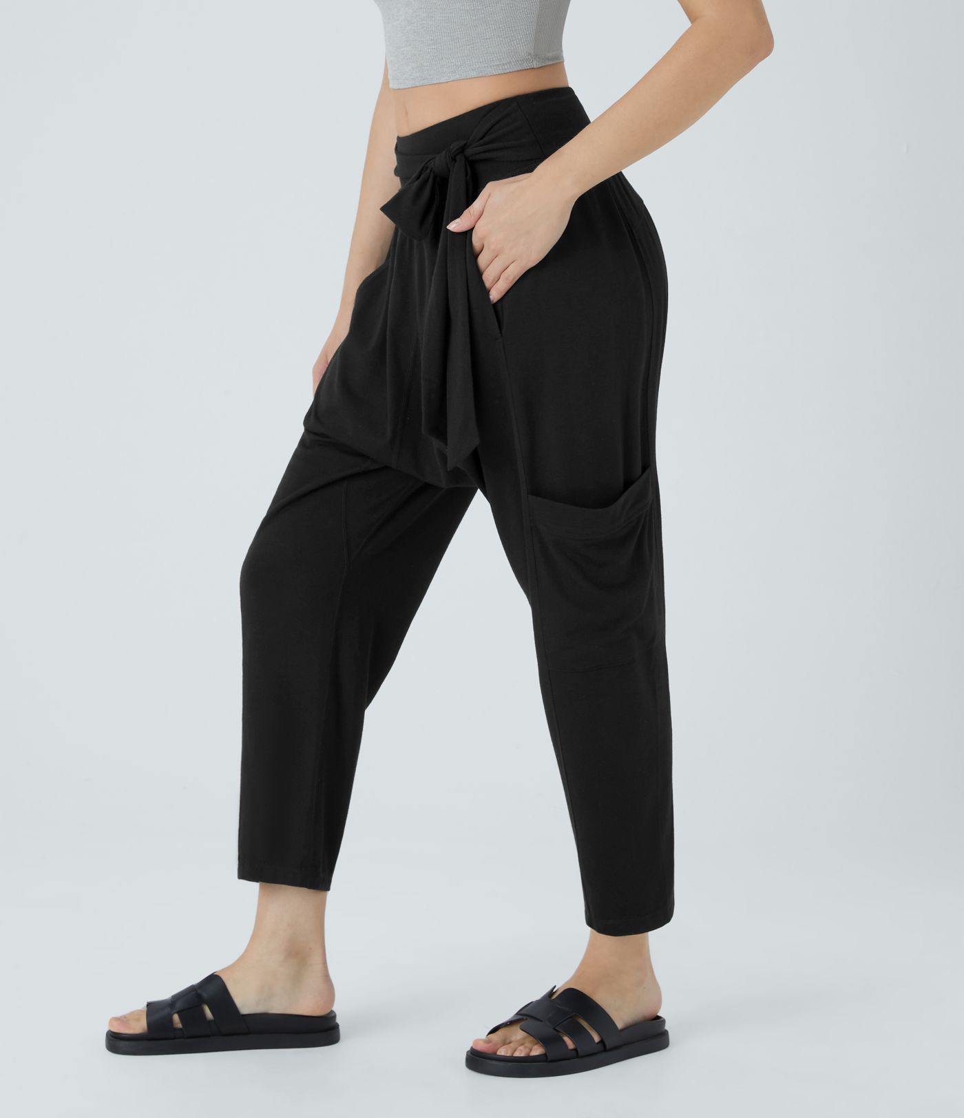 Mid Rise Tie Pockets Casual Harem Pants