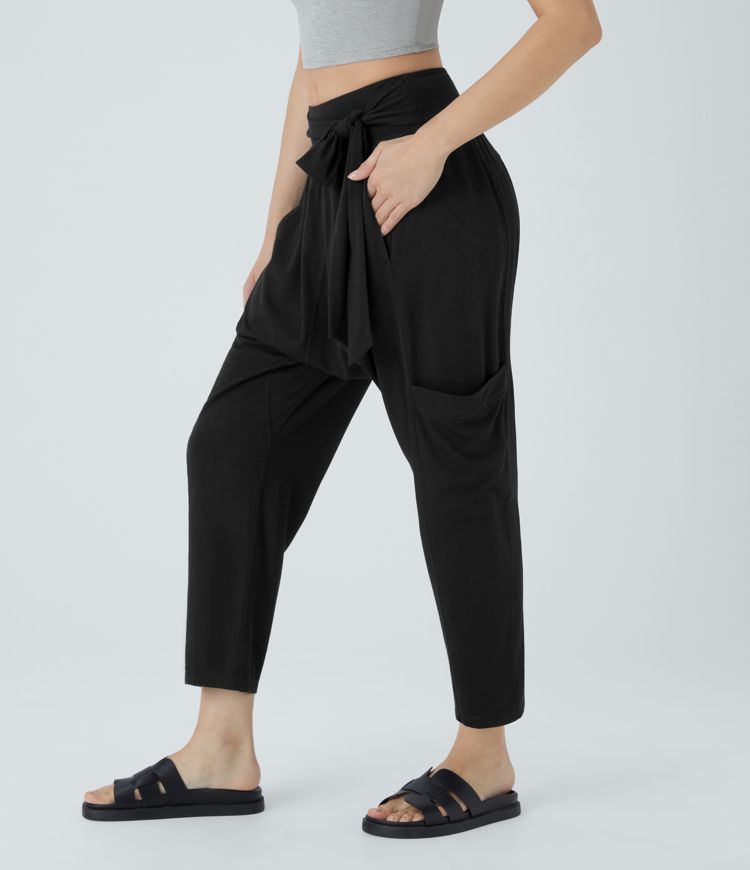 Mid Rise Tie Pockets Casual Harem Pants