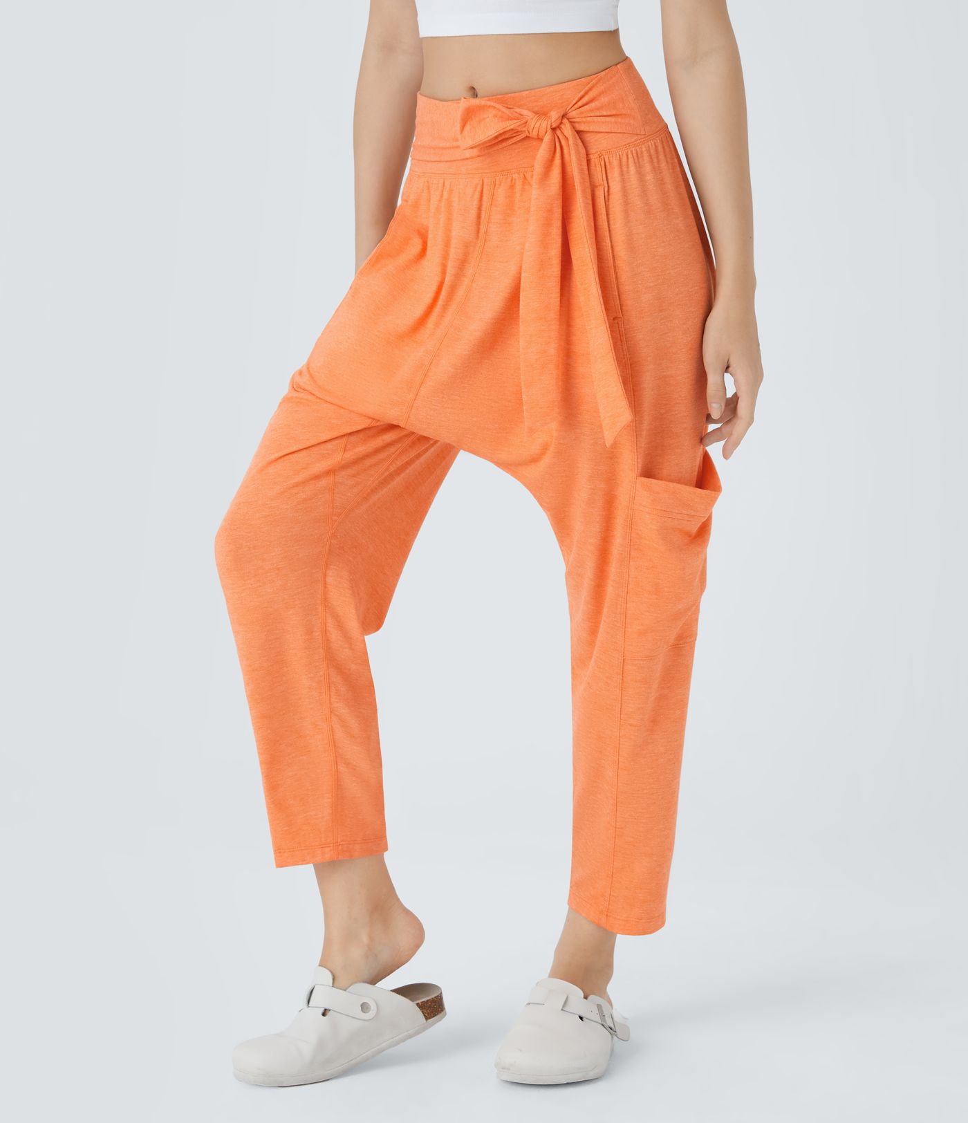 Mid Rise Tie Pockets Casual Harem Pants