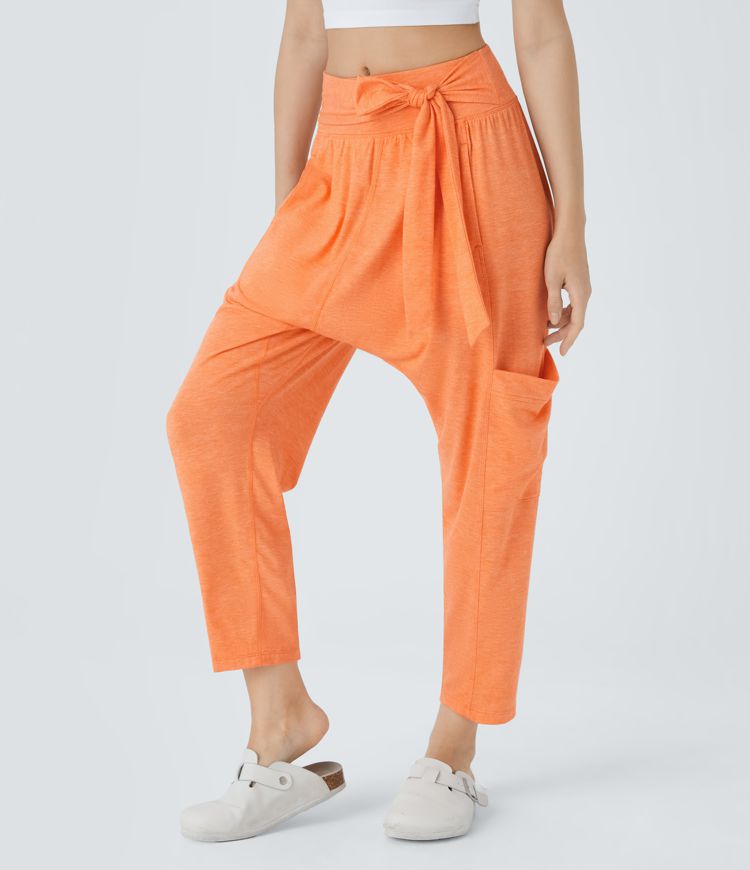 Mid Rise Tie Pockets Casual Harem Pants