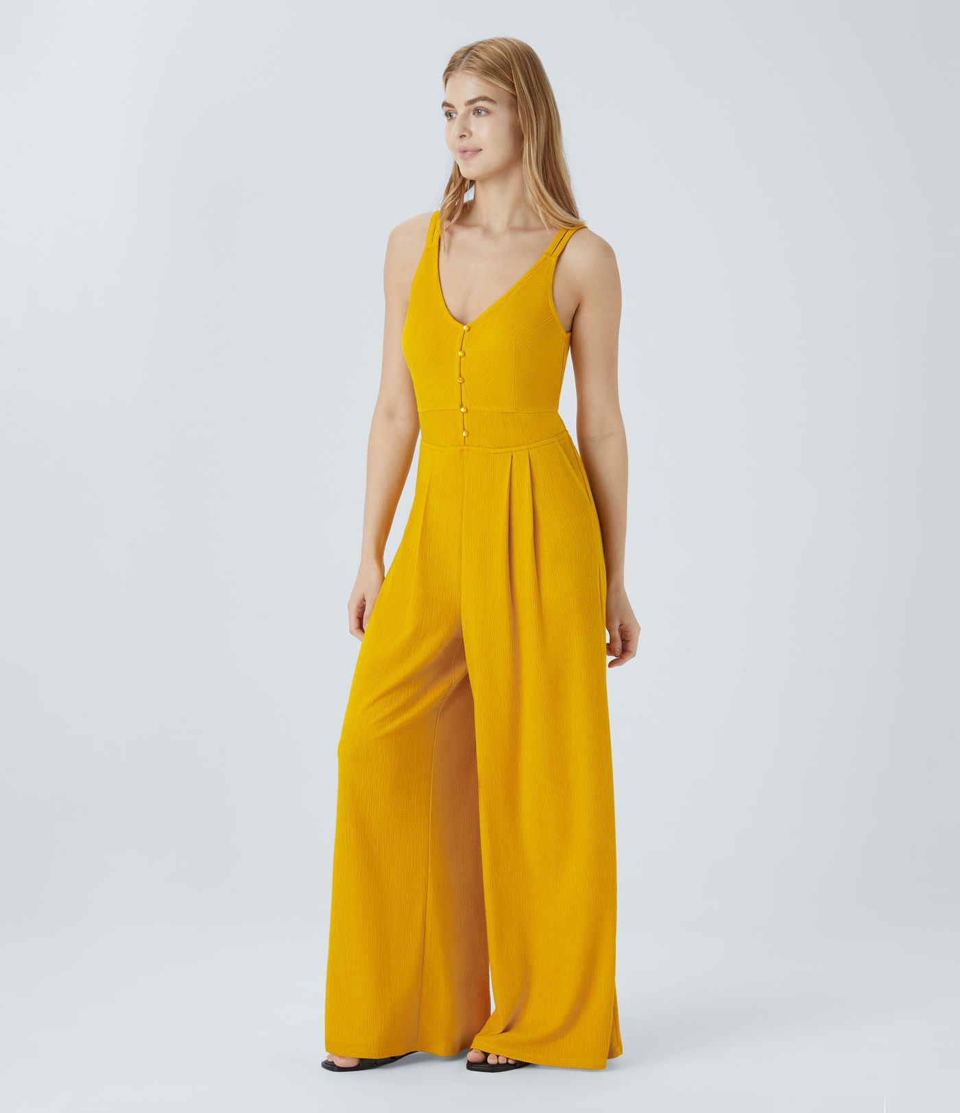 Double Straps V Neck Pocket Wide Leg Casual Jumpsuit