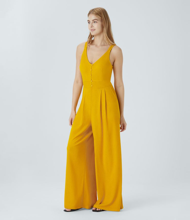 Double Straps V Neck Pocket Wide Leg Casual Jumpsuit