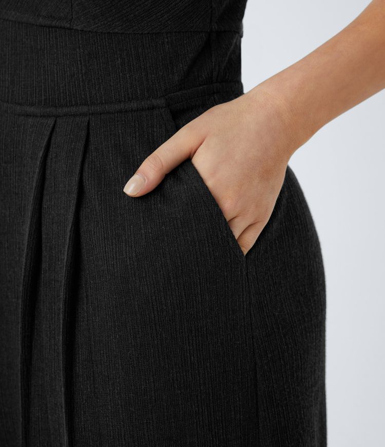 Mono pierna ancha bolsillo lateral botón cuello V tirante doble