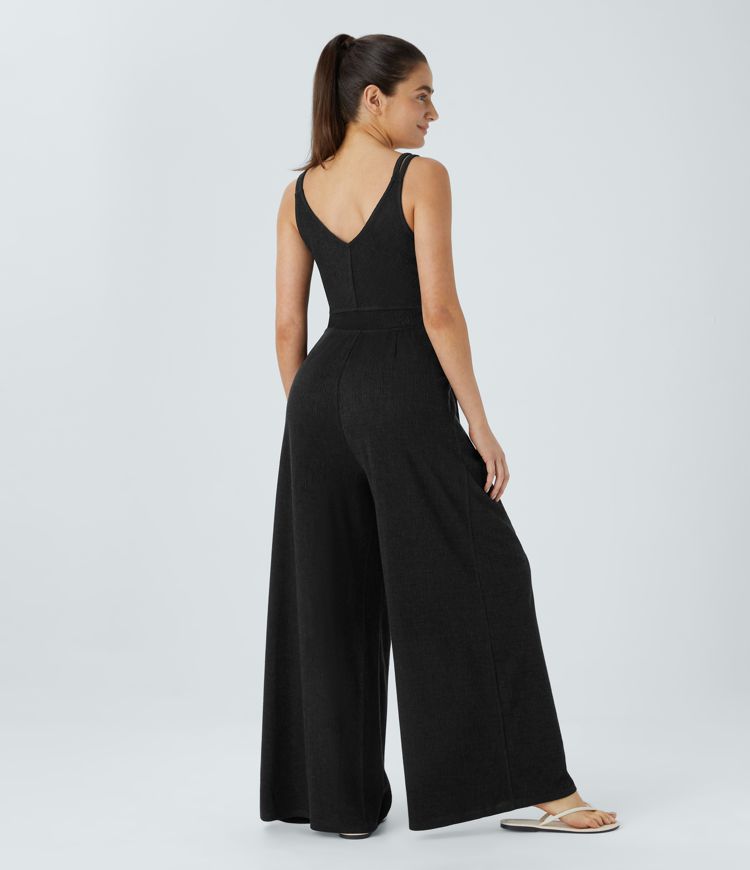 【PORTERNA】Rye strap jumpsuit Women's Double Straps V Neck Pocket Wide Leg Casual Jumpsuit