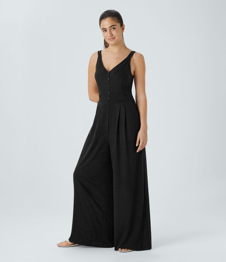 Double Straps V Neck Button Side Pocket Wide Leg Casual Jumpsuit