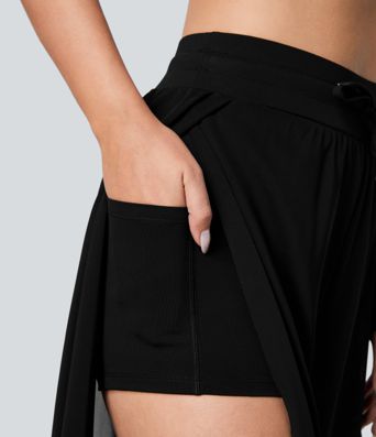 High Waisted Drawstring Contrast Mesh 2-in-1 Pocket Flowy Wide Leg Yoga Pants