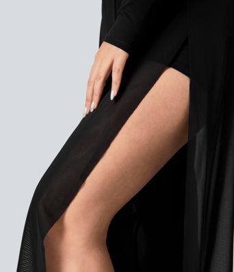 High Waisted Drawstring Contrast Mesh 2-in-1 Pocket Flowy Wide Leg Yoga Pants