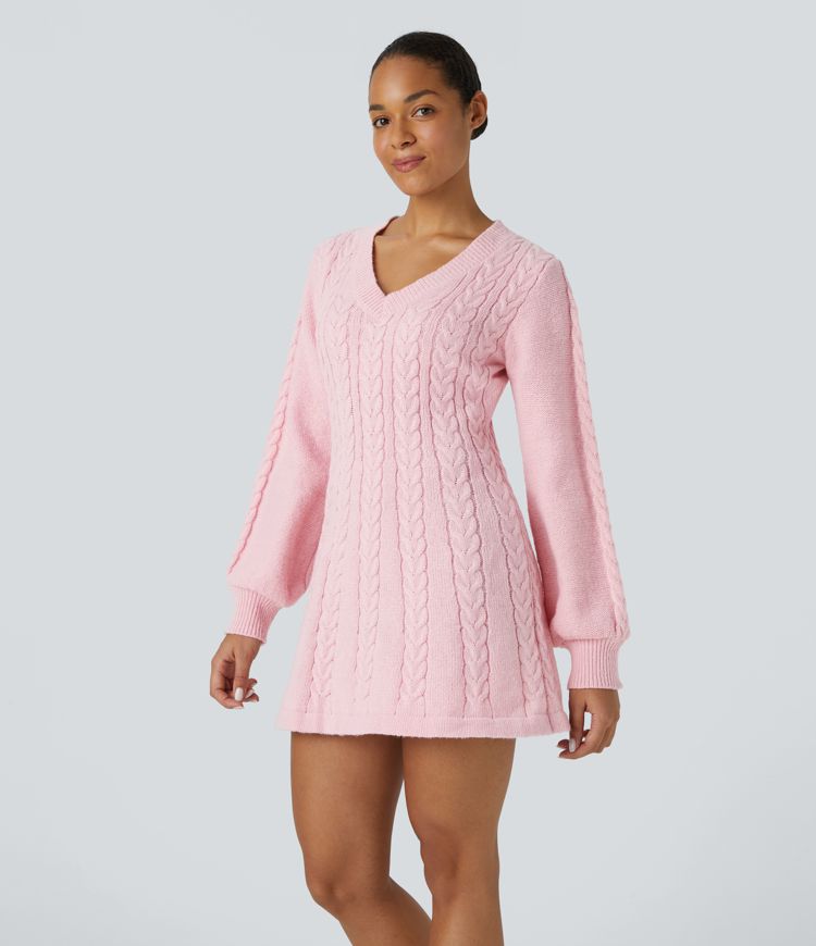 Vestido mini suéter manga larga cuello V diario