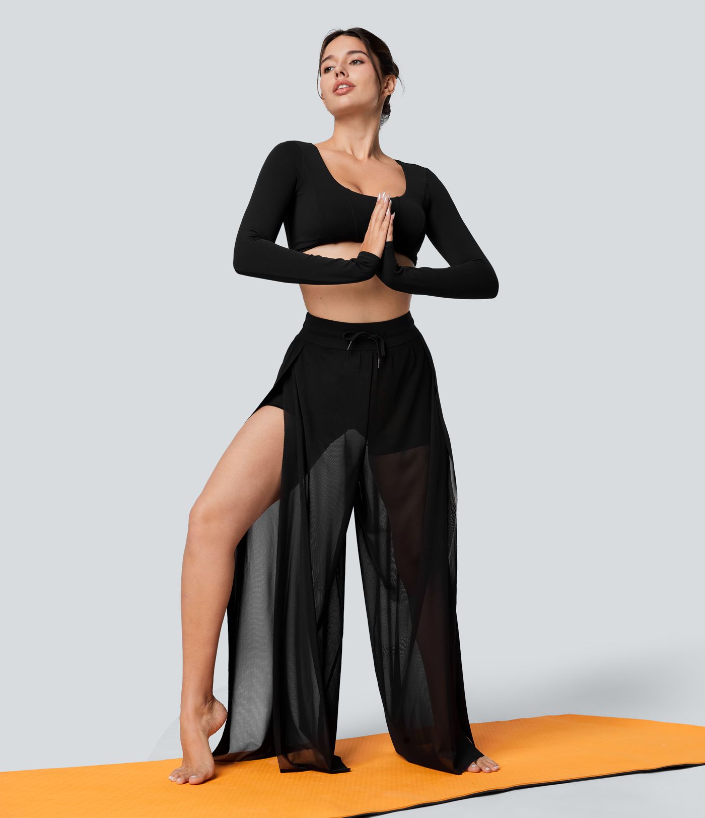 High Waisted Drawstring Contrast Mesh 2-in-1 Pocket Flowy Wide Leg Yoga Pants