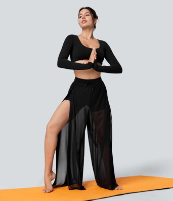 High Waisted Drawstring Contrast Mesh 2-in-1 Pocket Flowy Wide Leg Yoga Pants