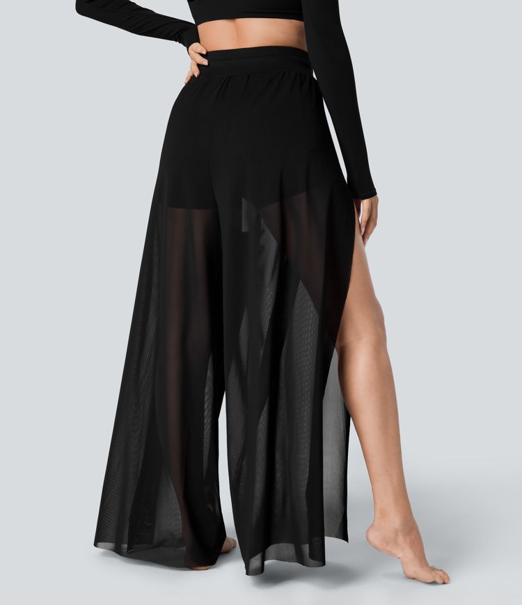 High Waisted Drawstring Contrast Mesh 2-in-1 Pocket Flowy Wide Leg Yoga Pants