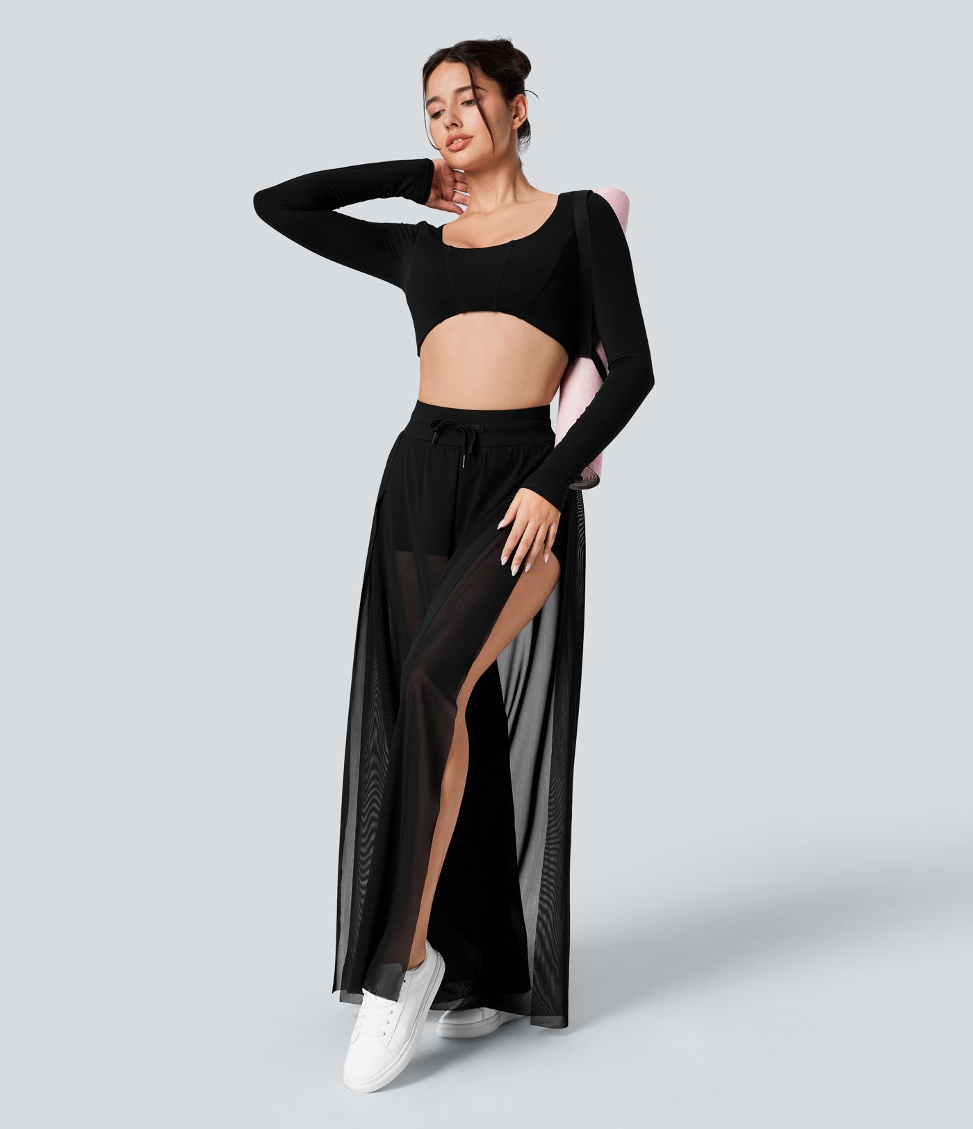 High Waisted Drawstring Contrast Mesh 2-in-1 Pocket Flowy Wide Leg Yoga Pants