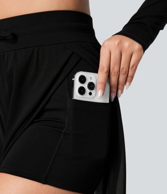 High Waisted Drawstring Contrast Mesh 2-in-1 Pocket Flowy Wide Leg Yoga Pants