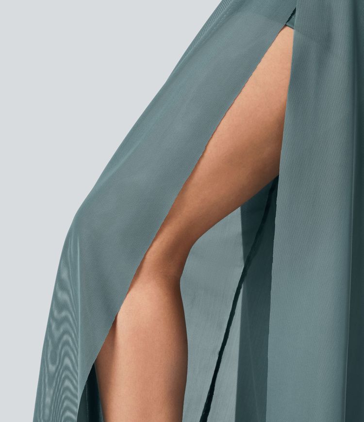 Pantalón yoga fluido pierna ancha bolsillo lateral 2 en 1 abertura malla contrastante cordón tiro alto