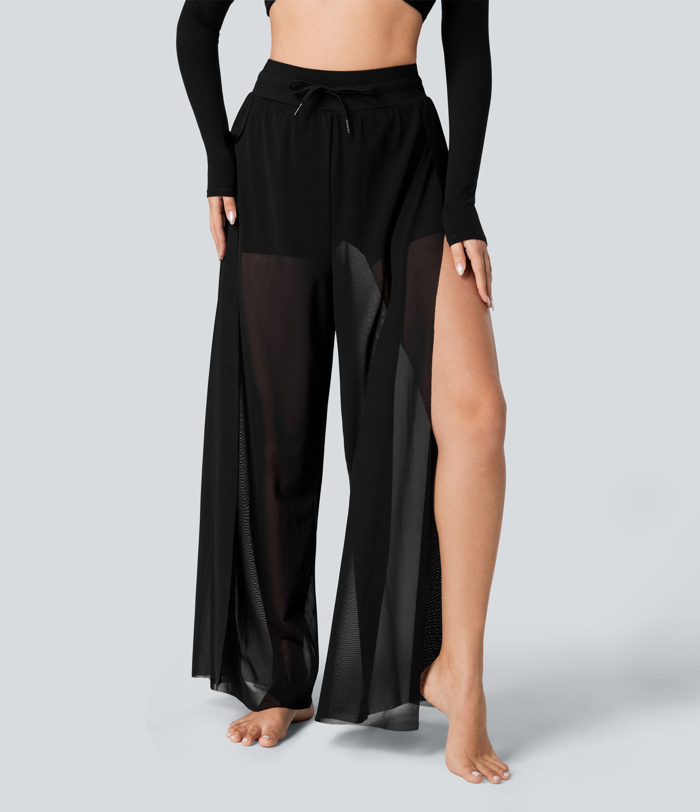High Waisted Drawstring Contrast Mesh 2-in-1 Pocket Flowy Wide Leg Yoga Pants