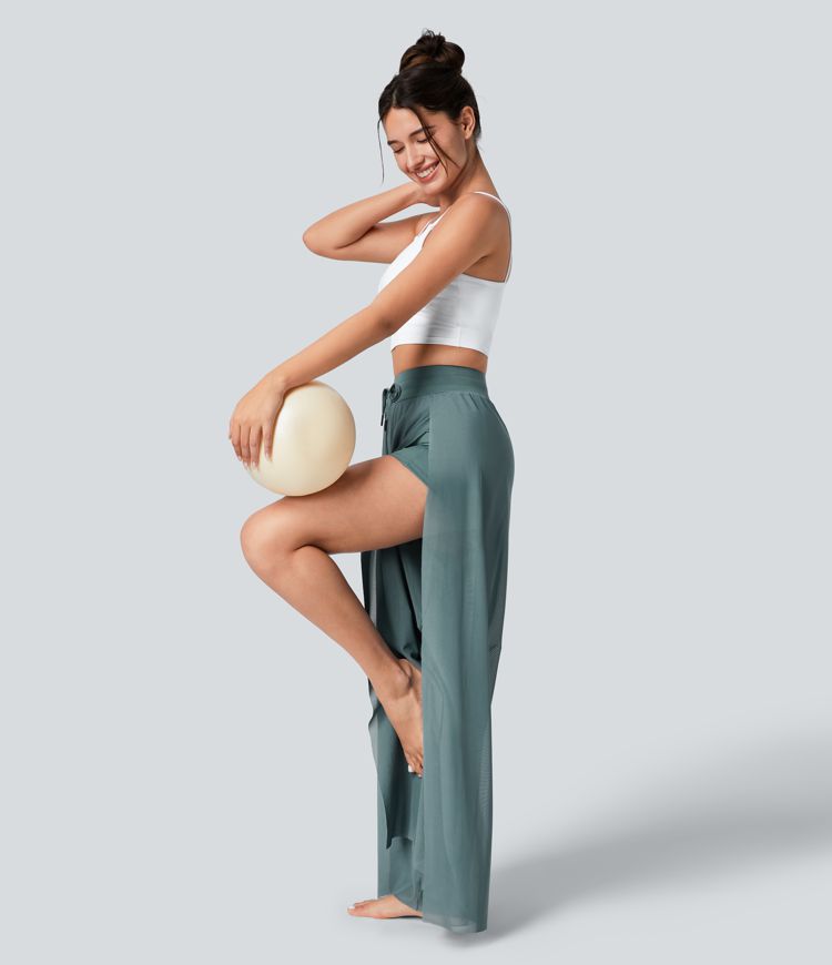 Pantalón yoga fluido pierna ancha bolsillo lateral 2 en 1 abertura malla contrastante cordón tiro alto