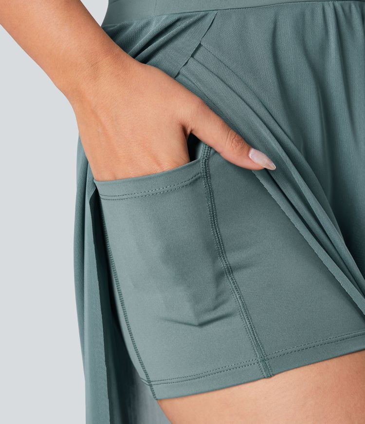 Pantalón yoga fluido pierna ancha bolsillo lateral 2 en 1 abertura malla contrastante cordón tiro alto