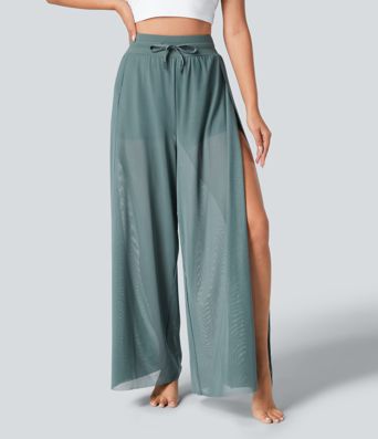 High Waisted Drawstring Contrast Mesh 2-in-1 Pocket Flowy Wide Leg Yoga Pants