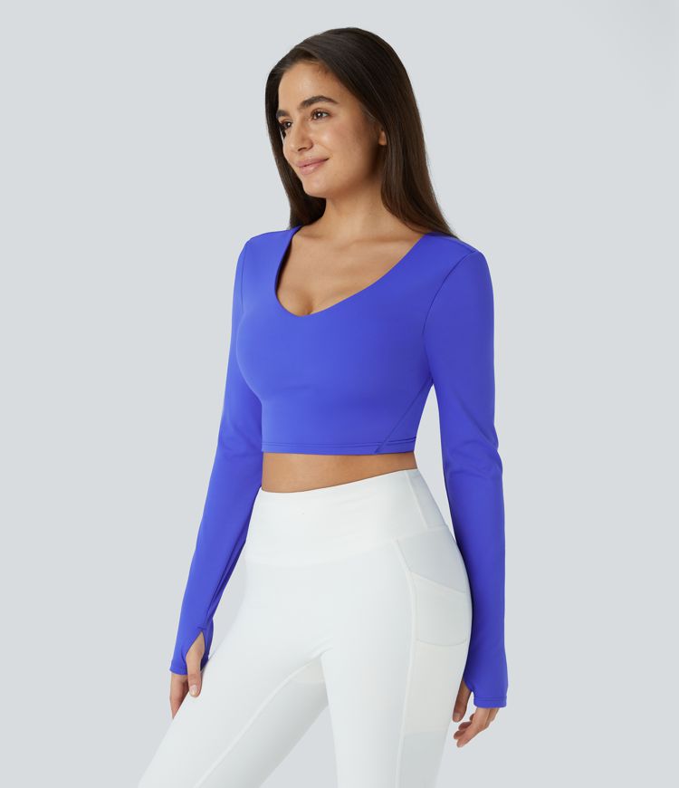 Padded V Neck Thumb Hole Cropped Yoga Sports Top