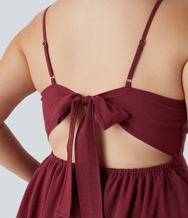 Mini vestido talla grande tacto lino sin espalda tirante ajustable lazo espalda volante escalonado fluido