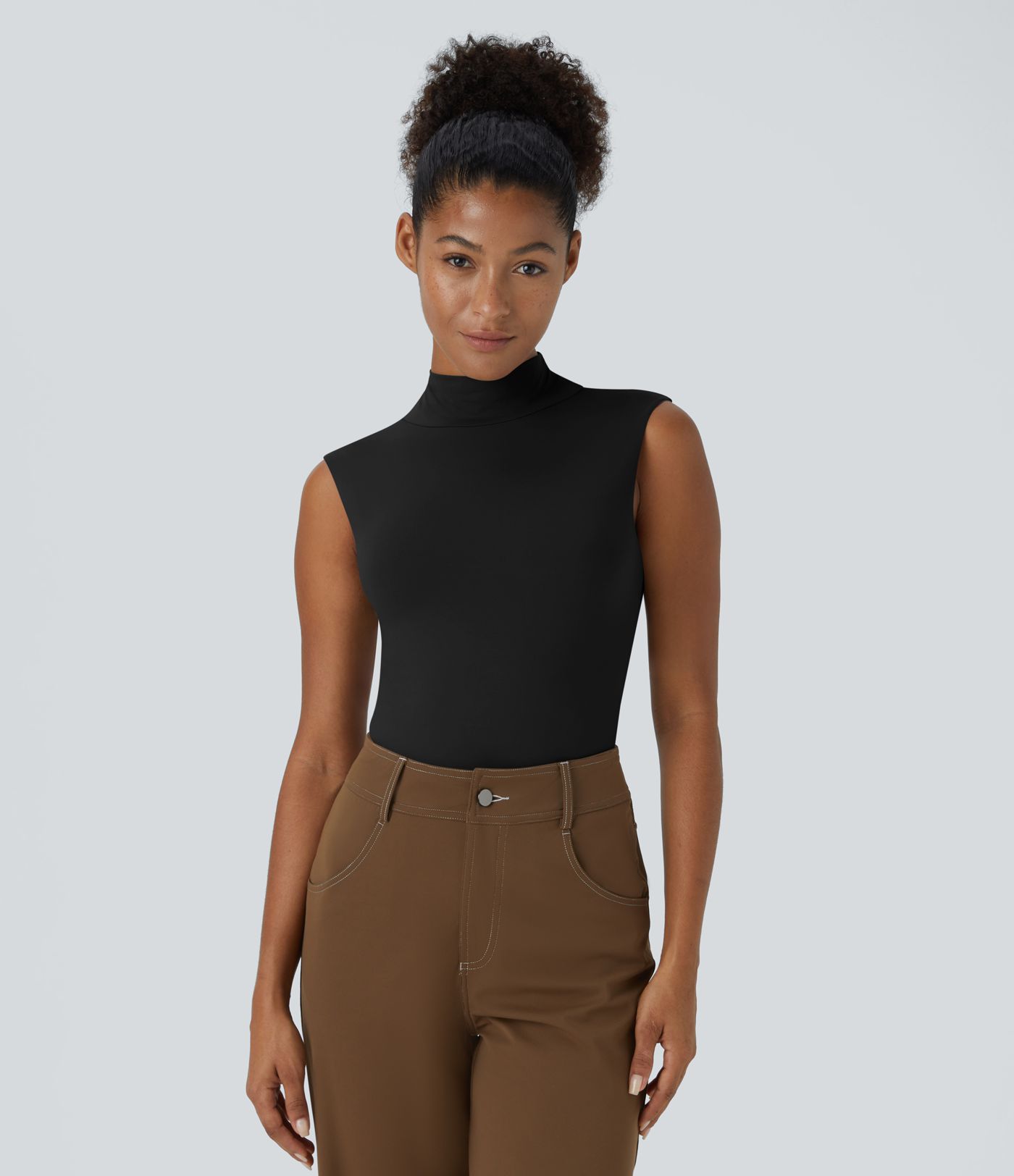 Stand Collar Sleeveless Plain Casual Bodysuit