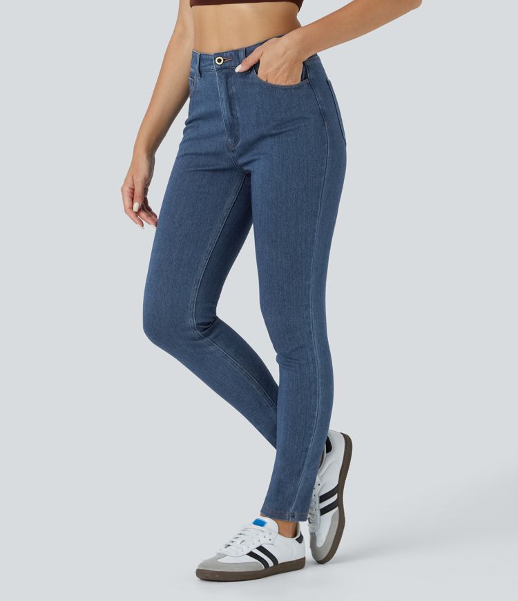 Halara Flex™ Jean Slim Taille Haute avec Bouton Fermeture Éclair Tricot Extensible Multipoches