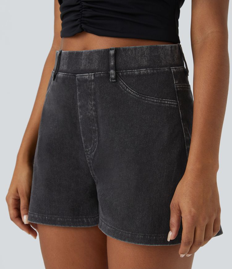 Halara Flex™Short Casual 6,3cm en Denim Tricot Extensible Taille Haute Poches Latérales Arrière