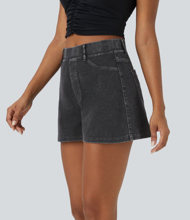 Halara Flex™ High Waisted Back Side Pocket Stretchy Knit Denim Casual Shorts 2.5''