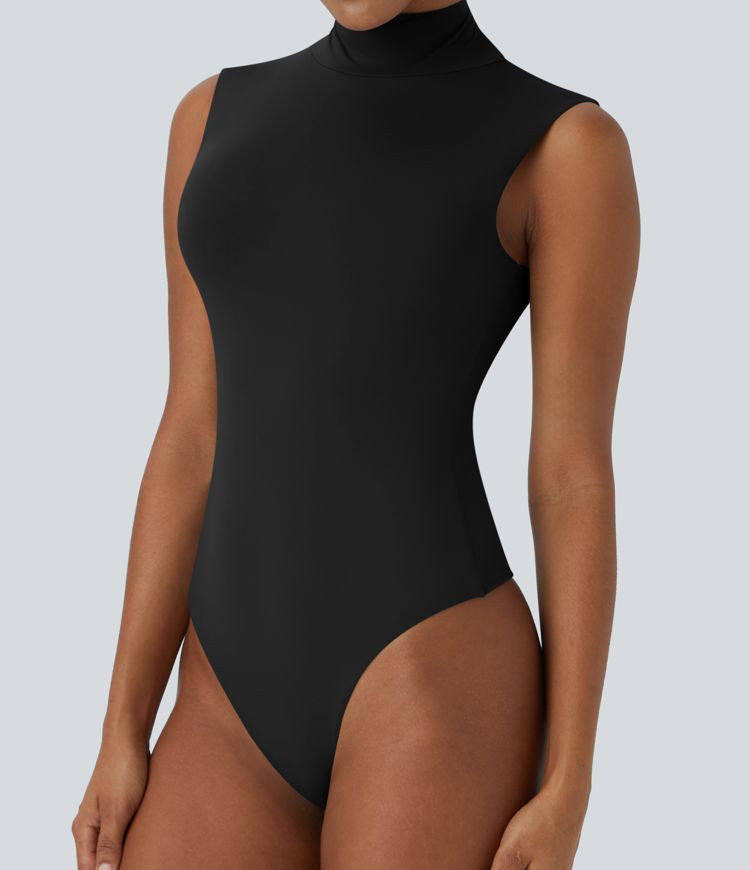 Stand Collar Sleeveless Plain Casual Bodysuit
