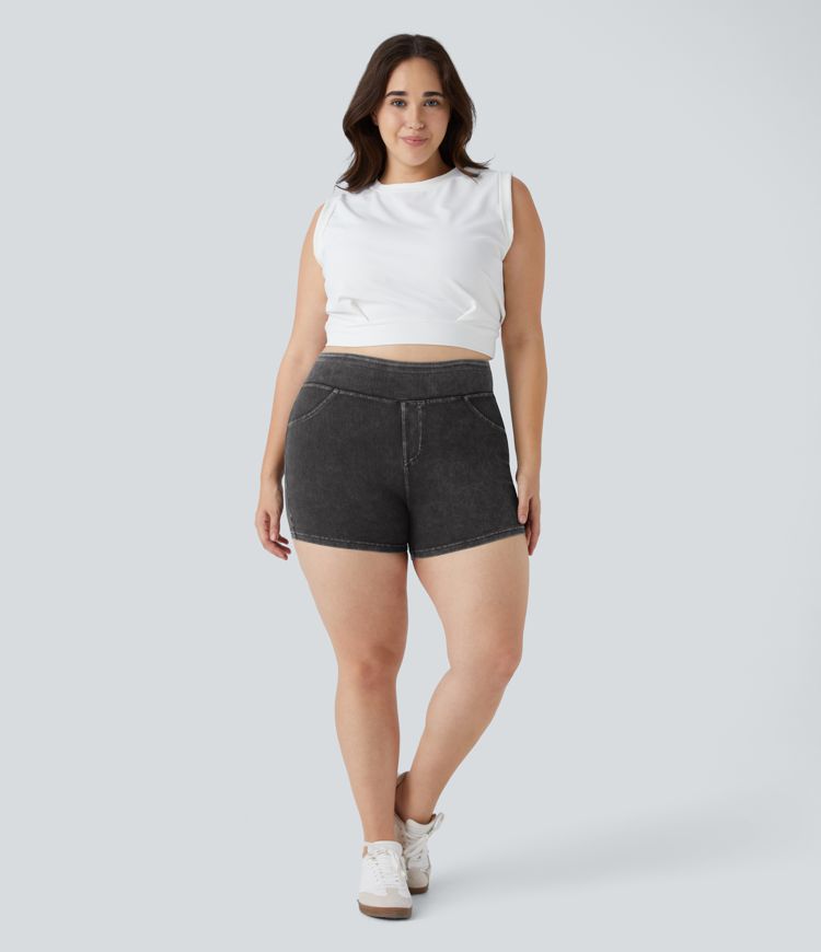 Halara Flex™ Short 7,5cm Grande Taille Casual en Denim Tricot Extensible à Taille Haute avec Poches Arrière