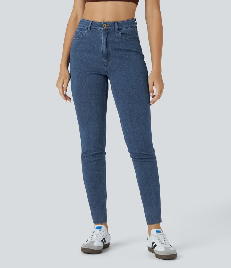 HalaraMagic™ High Waisted Button Zipper Multiple Pockets Stretchy Knit Casual Jeans