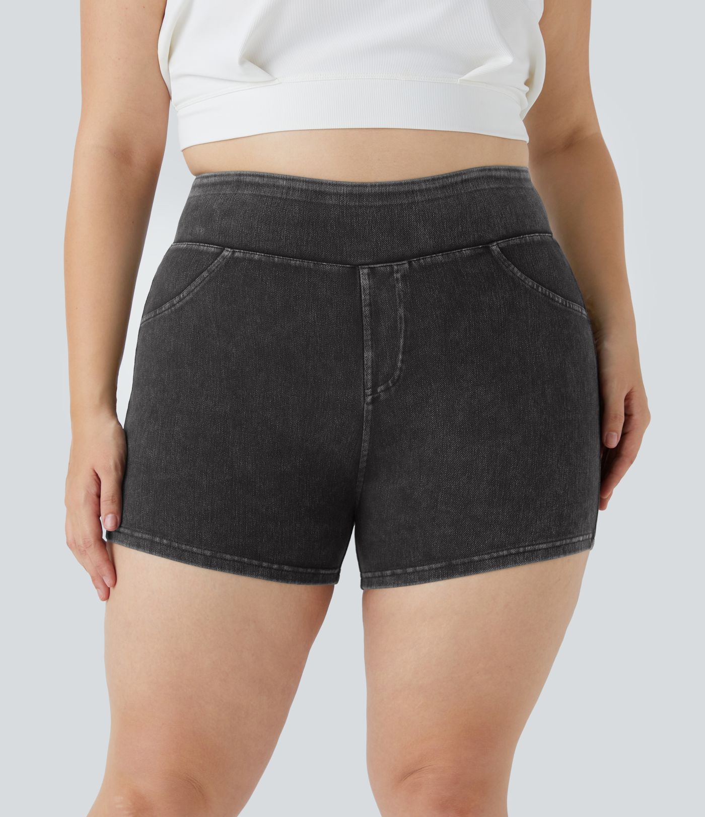 Halara Flex™ Short 7,5cm Grande Taille Casual en Denim Tricot Extensible à Taille Haute avec Poches Arrière