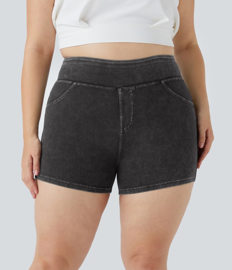 Halara Flex™ Short 7,5cm Grande Taille Casual en Denim Tricot Extensible à Taille Haute avec Poches Arrière